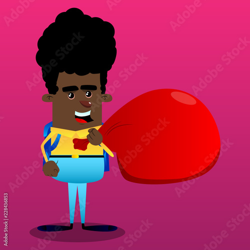 Schoolboy carrying big red Santa's Christmas sack. Vector cartoon character illustration.