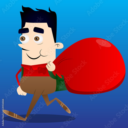 Schoolboy carrying big red Santa's Christmas sack. Vector cartoon character illustration.