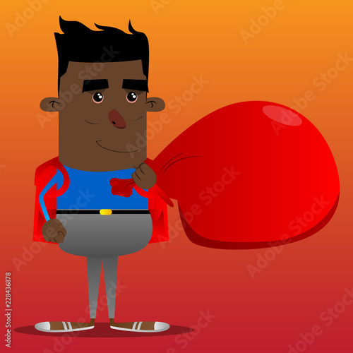 Schoolboy carrying big red Santa's Christmas sack. Vector cartoon character illustration.