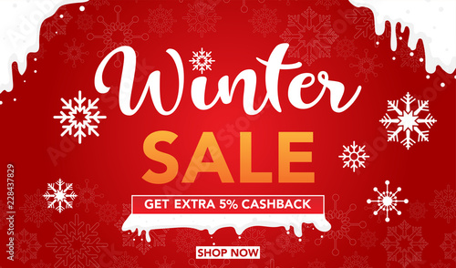 Winter sale banner template design with snow flakes isolated on red background Super Sale, end of season special offer banner. vector illustration.