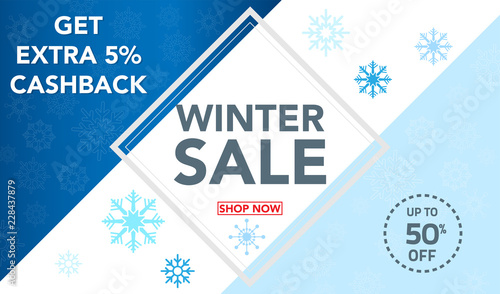 Winter sale banner template design with snow flakes up to 50% off. Super Sale, end of season special offer banner. vector illustration.
