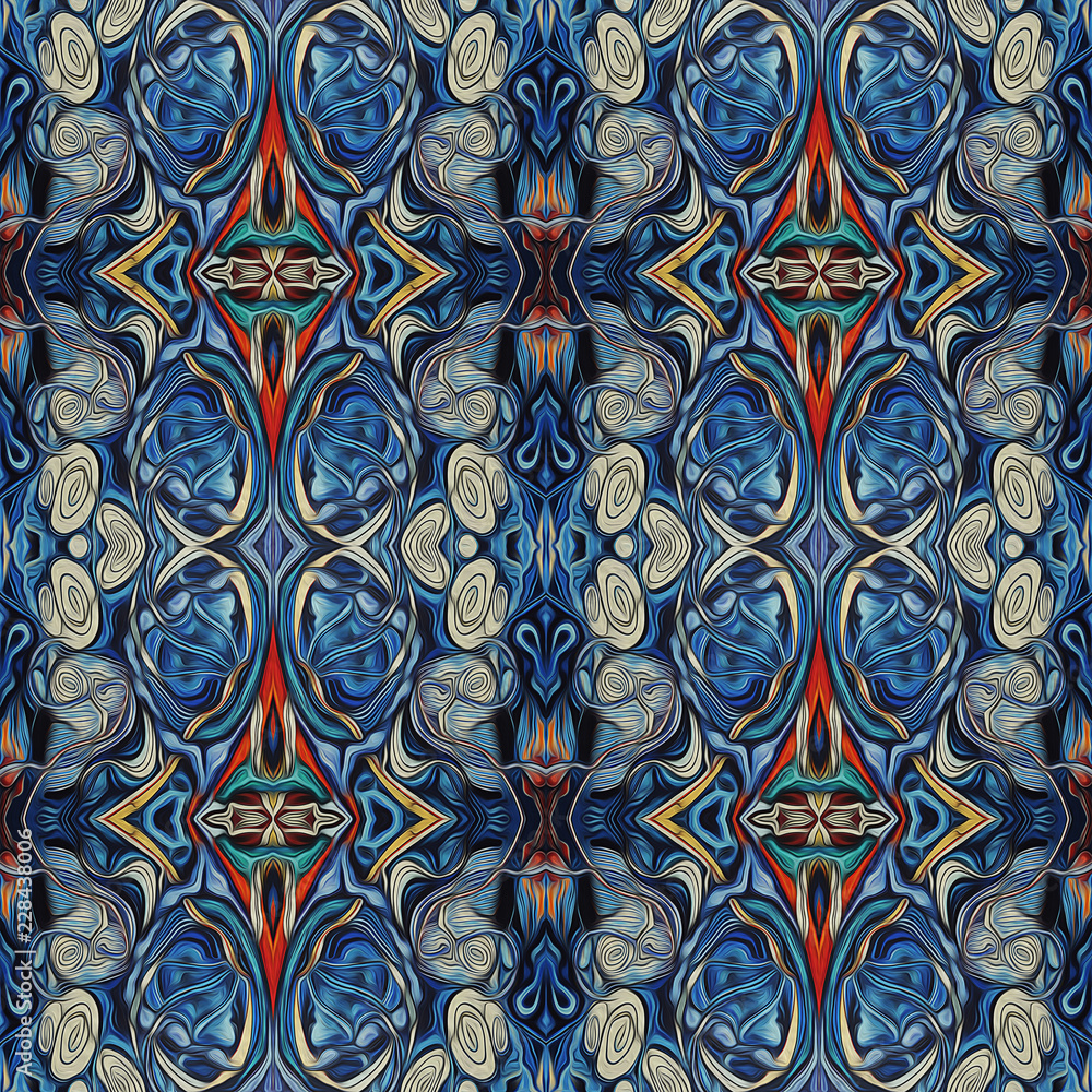 Ornamental Colourful Seamless High Resolution Pattern in blue, red and white