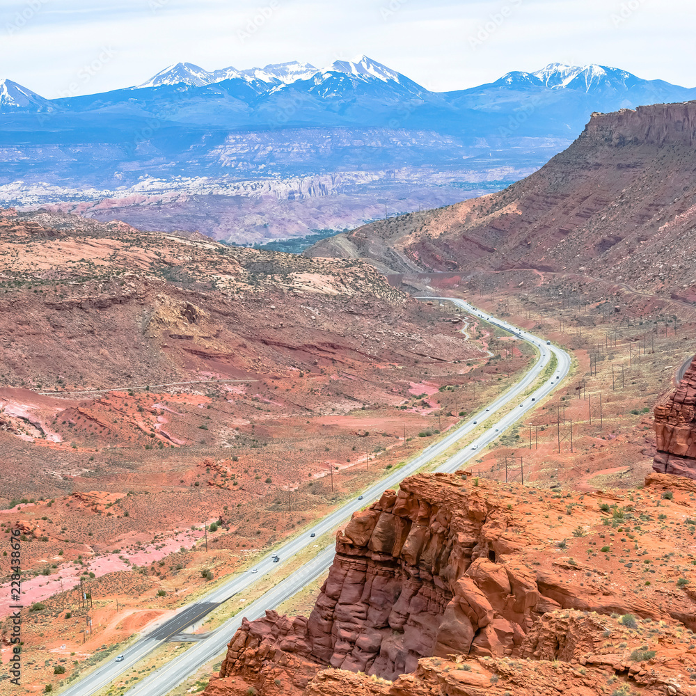 Highway 191 with view of majestic La Sal Mountains
