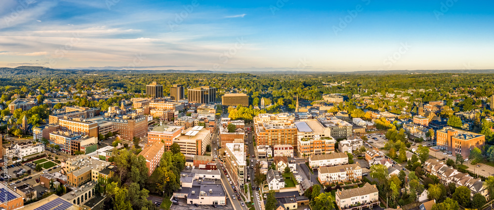 Aerial cityscape of Morristown, New Jersey. Morristown has been called the military capital of the American Revolution, because of its strategic role in the war for independence from Great Britain