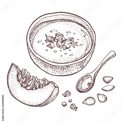 Pumpkin cream soup vector drawing set. Isolated hand drawn bowl of soup, sliced piece of pumpkin and seeds. Vegetable dotty style illustration. Detailed vegetarian food sketch.