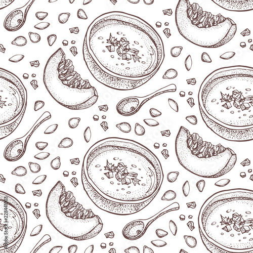 Pumpkin cream soup vector seamless pattern. Isolated hand drawn bowl of soup, spoon, sliced piece of pumpkin and seeds. Vegetable doodle style background. Detailed vegetarian food sketch.