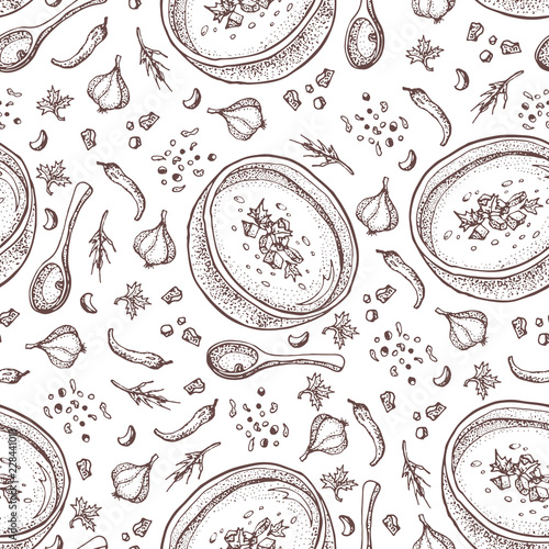 Pumpkin cream soup vector seamless pattern. Isolated hand drawn bowl of soup, spoon, spices, sliced piece of pumpkin and seeds. Vegetable doodle style background. Detailed vegetarian food sketch.