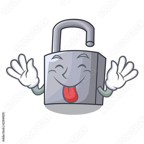 Tongue out new metal padlock isolated on mascot