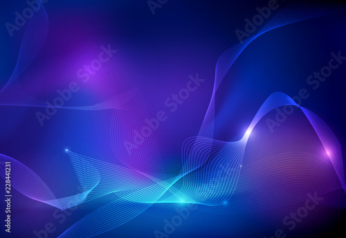 Illustration Abstract glowing, neon light effect, wave line, wavy pattern. Vector design communication techno on blue background. Futuristic digital technology for web or banner background