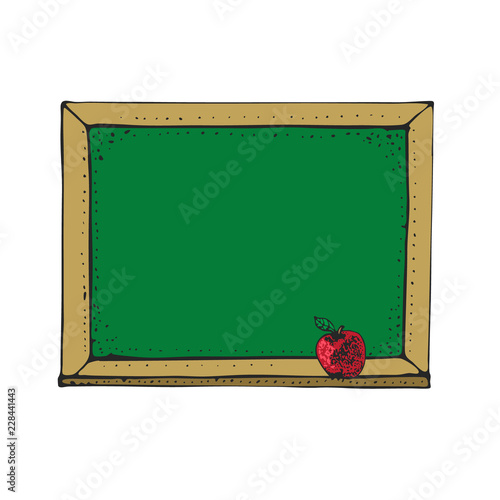  Vector Illustration with cartoon green blackboard, chalkboard with red apple isolated on white. Back to school design elements.