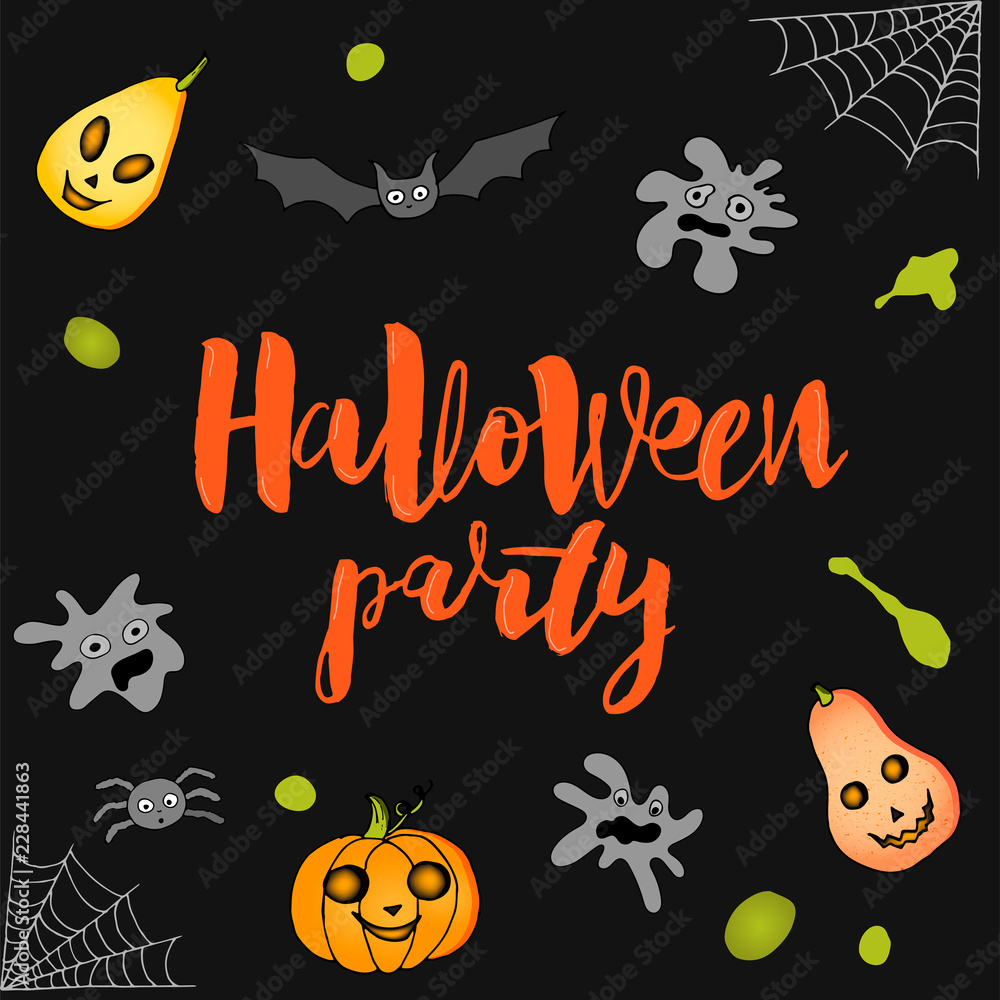 template Happy Halloween and party with ghost, pumpkin, bat, spider, spiderweb. Modern vector inscription and decorative elements on a dark background for banner, card, flyer template Happy Halloween and party with ghost, pumpkin, bat, spider, spiderweb. Modern vector inscription and decorative elements on a dark background for banner, card, flyer