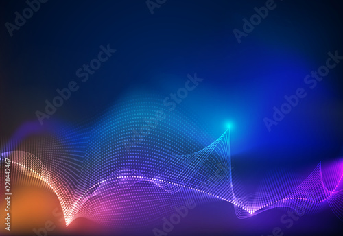 Illustration Abstract glowing, neon light effect, wave line, wavy pattern. Vector design communication techno on blue background. Futuristic digital technology for web or banner background