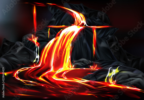 River and fountains of hot lava flowing from mountain rocks during volcano eruption realistic vector illustration Fototapeta