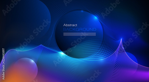Illustration Abstract glowing, neon light effect, wave line, wavy pattern. Vector design communication techno on blue background. Futuristic digital technology for web or banner background