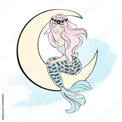 Winter Christmas Sea Ocean Color Vector Illustration MERMAID ON MOON Paper for Birthday and Party  Wall Decorations  Scrapbooking  Baby Book  Photo Albums and Card Print