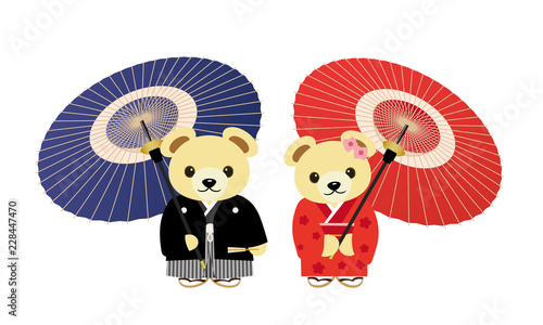 和傘をさす着物を着たくまのイラスト Stock ベクター Adobe Stock