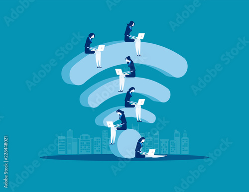 Sitting on wifi, Business people and online marketing, Concept business vector illustration, Flat business cartoon, Internet wifi support.