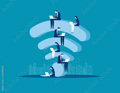 Sitting on wifi, Business people and online marketing, Concept business vector illustration, Flat business cartoon, Internet wifi support.