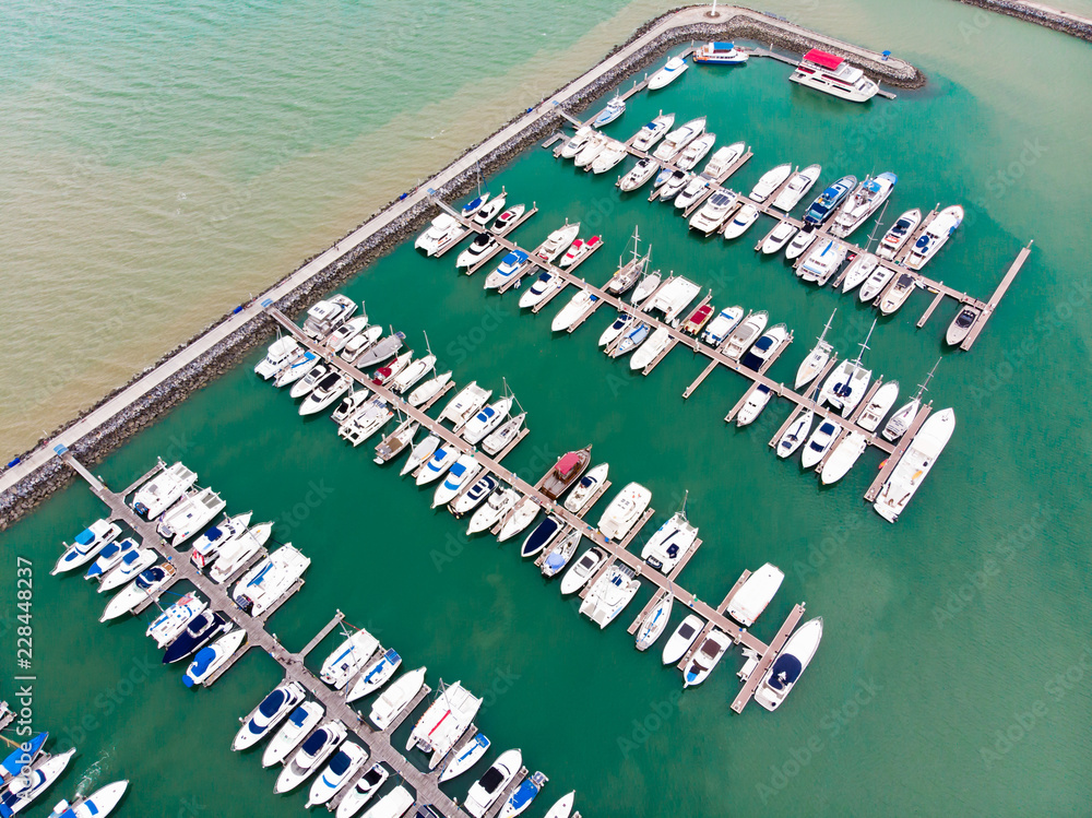 Bird's-eye view,  Boats and Yacht parking / modern water transport with mooring facility - luxury lifestyle, wealth concept