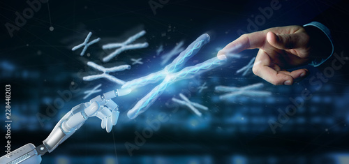Cyborg hand holding a Group of chromosome with DNA inside isolated on a background 3d rendering