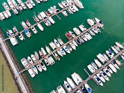 Bird's-eye view, Boats and Yacht parking / modern water transport with mooring facility - luxury lifestyle, wealth concept