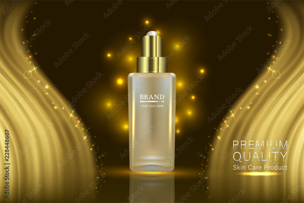 Beauty product, Gold cosmetic container with advertising background ready to use, luxury skin care ad, illustration vector.