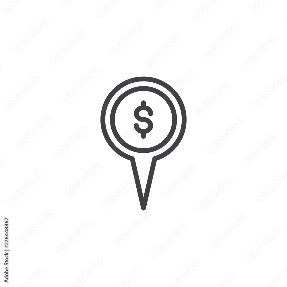 Dollar map pin outline icon. linear style sign for mobile concept and web design. Money Map Marker simple line vector icon. Sale symbol, logo illustration. Pixel perfect vector graphics Dollar map pin outline icon. linear style sign for mobile concept and web design. Money Map Marker simple line vector icon. Sale symbol, logo illustration. Pixel perfect vector graphics