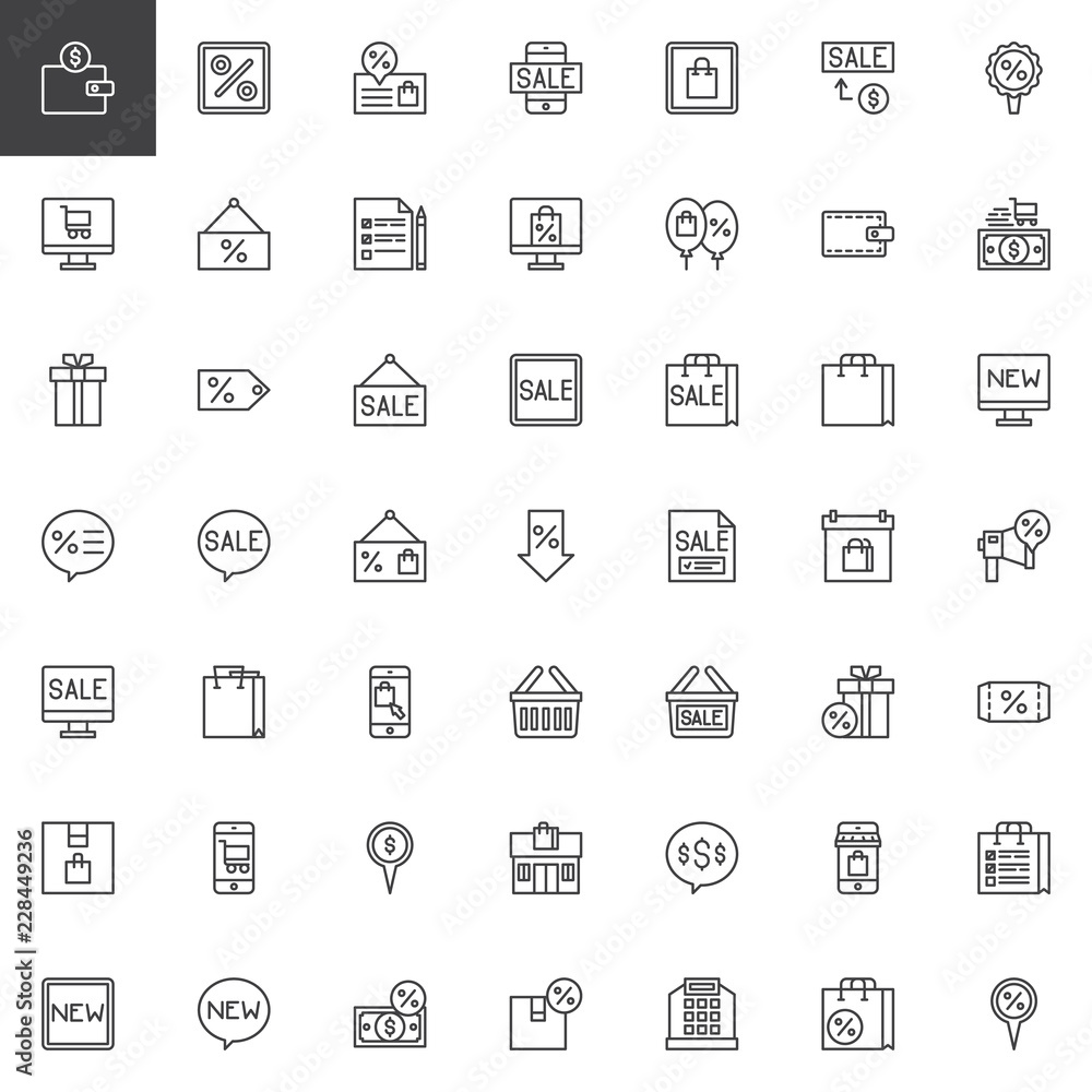 Black friday outline icons set. linear style symbols collection line signs pack. vector graphics. Set includes icons as Wallet, Discount, Promotion, Shopping bag, Online shop, Sale Tag, Payment method
