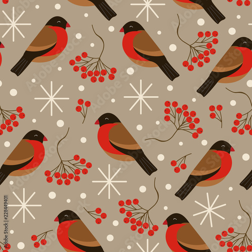 seamless brown pattern with bullfinches and rowan - vector illustration, eps