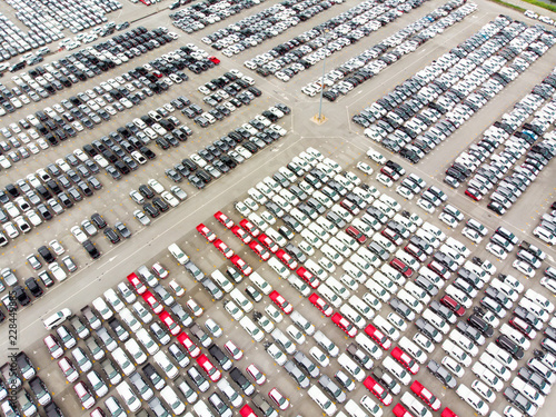 Aerial top view photo from flying drone  New Cars produced Several times a year at industrial estate for import export around in the world