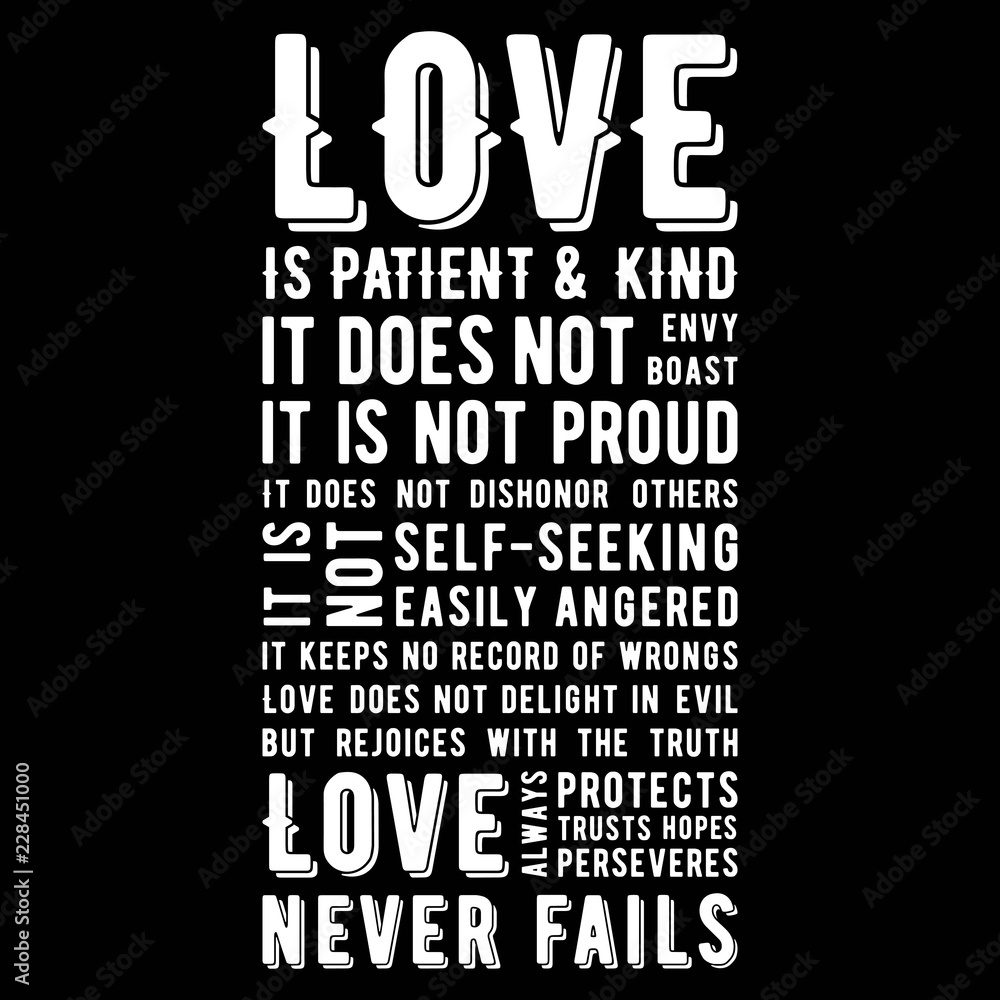 Obraz premium Biblical phrase from 1 corinthians 13:8, love never fails