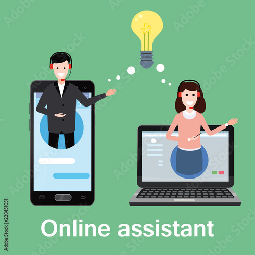 Concept online assistant, customer and operator, call centre, online global technical support 24-7. Vector illustration male and female hotline operator advises client, virtual help service