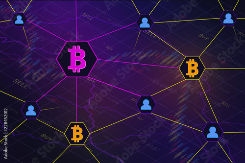 Blockchain cryptocurrencies global network technology concept banner. Business graph with tending. Candle stick of stock market or forex trading in perspective graphic design for financial investment
