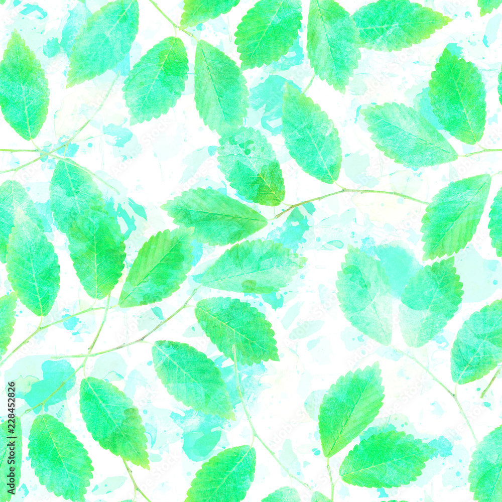 A seamless pattern of green leaves and branches on a background of watercolor brush strokes, a light summer repeat print