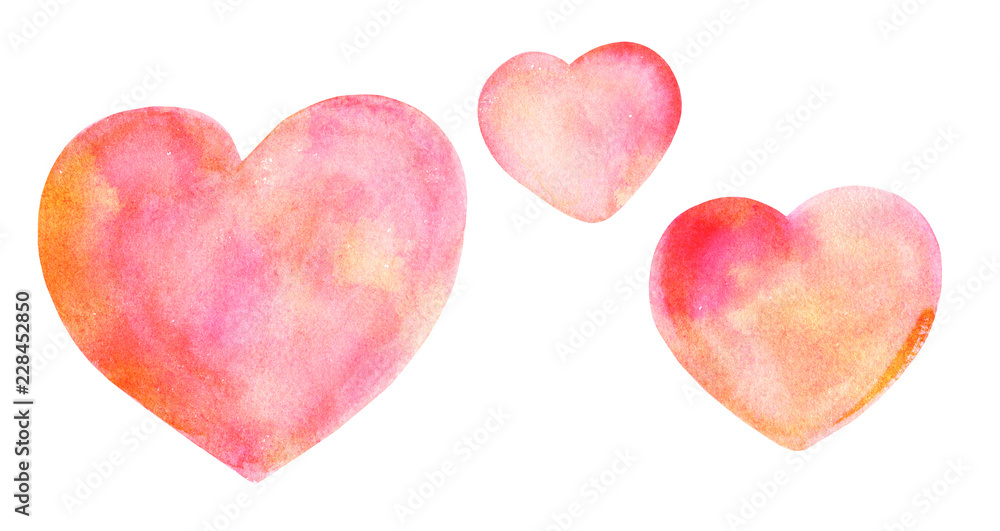 A set of watercolour drawings of pastel pink hearts, isolated on a white background