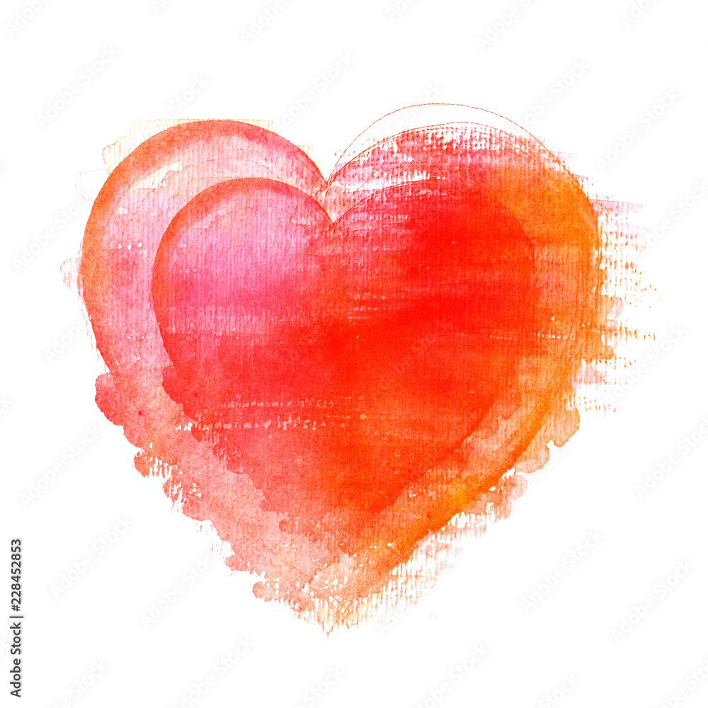 A watercolour drawing of a vibrant red heart, hand drawn on a white background
