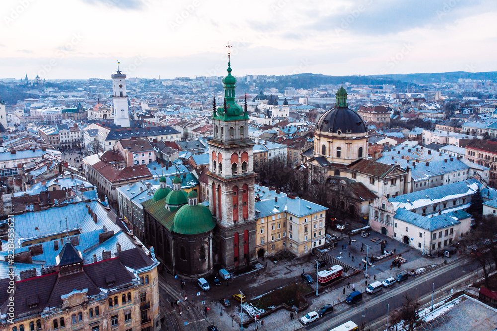 Fototapeta premium winter view of old church. birds eye view