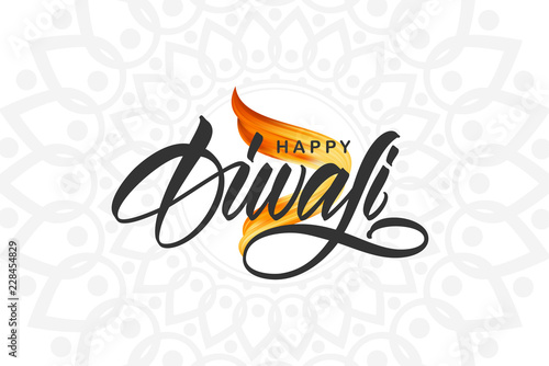 Vector illustration: Happy Diwali. Greeting card with handwritten lettering and 3d acrylic brush stroke in flame colors