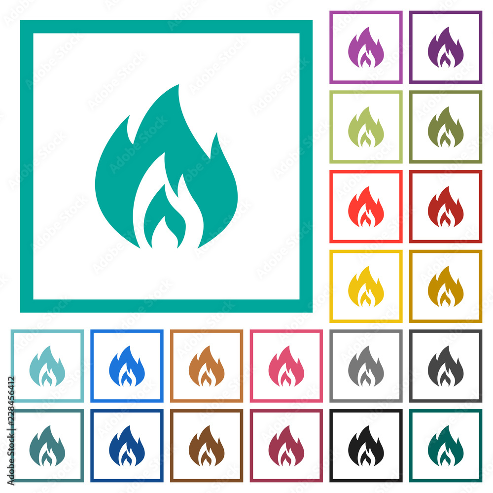 Flame flat color icons with quadrant frames Flame flat color icons with quadrant frames
