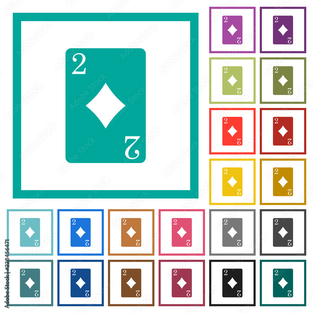 Two of diamonds card flat color icons with quadrant frames Two of diamonds card flat color icons with quadrant frames