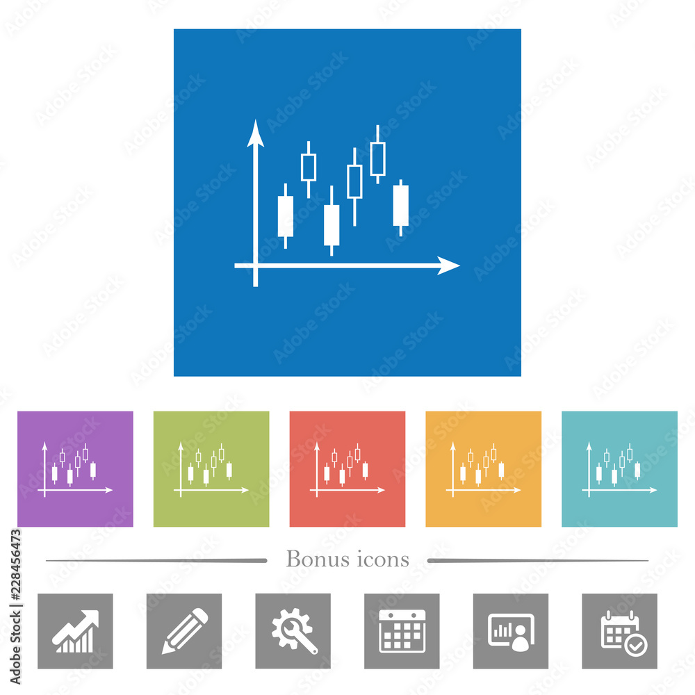 Candlestick graph with axes flat white icons in square backgrounds Candlestick graph with axes flat white icons in square backgrounds
