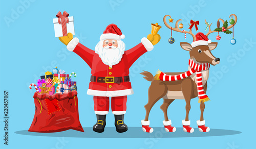 Santa claus with bell, bag gifts and his reindeer