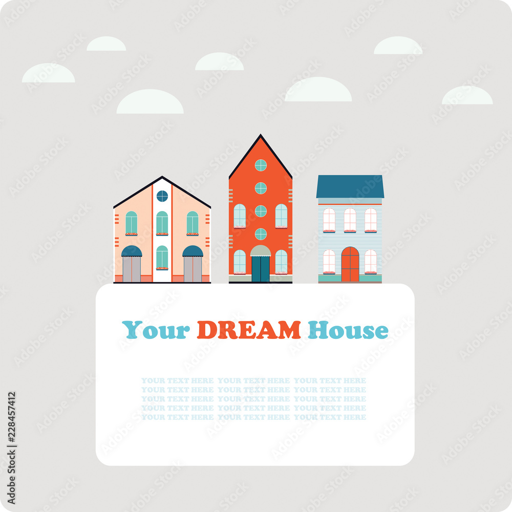 Small town background, postcard,banner design template. House buildings, home vector illustration