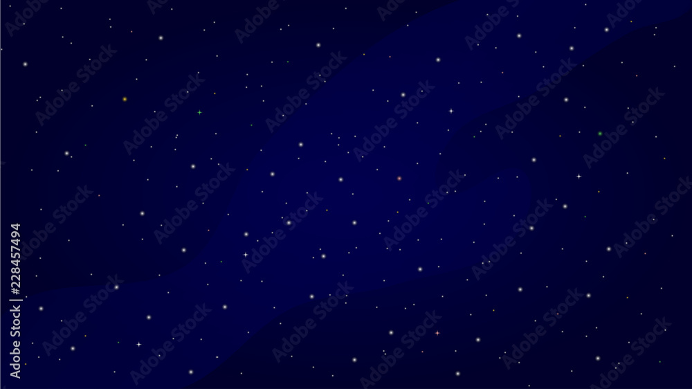 Night sky vector illustration. Dark gradient blue sky with Milky Way and many different color stars. Realistic, calm and deep picture.