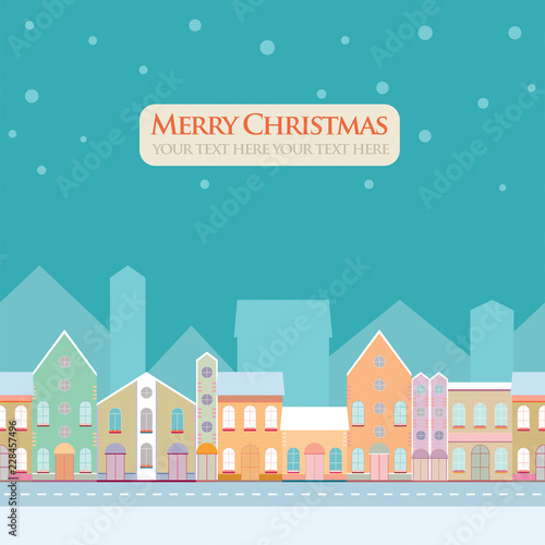 Christmas, New Year greeting card with street view with lovely houses in small town.Winter season, snowing,theme..Banner,postcard,sticker,poster design template.Vector illustration