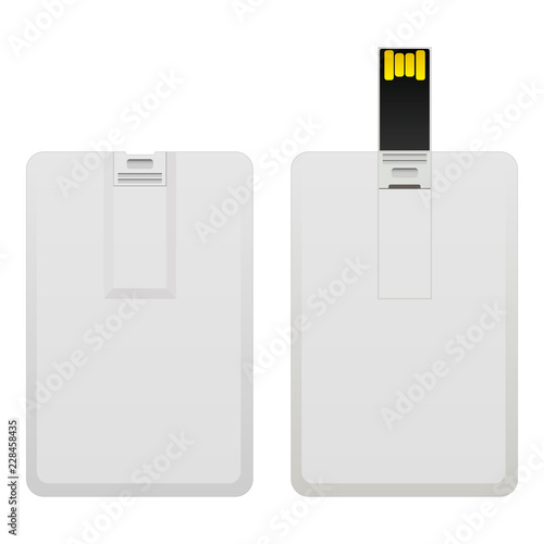 Blank wafer usb flash card mock up isolated on white background. Plastic visiting flash drive namecard, opened and closed mockup. Vector illustration