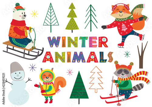 set of isolated winter fun with animals part 1 - vector illustration, eps