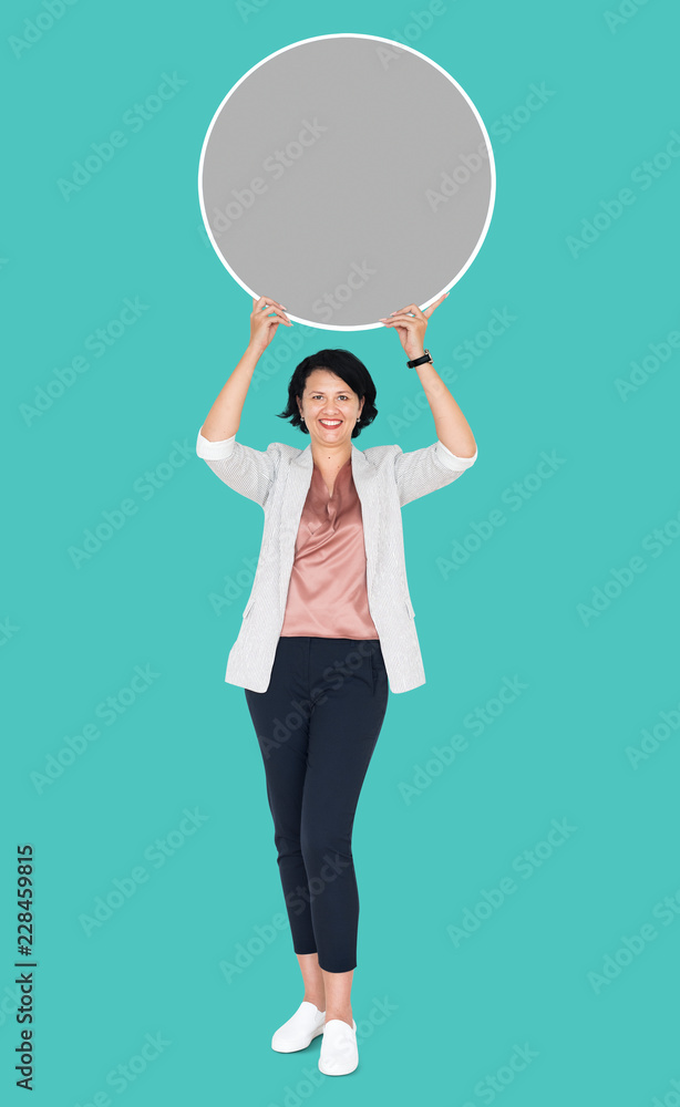 Happy woman holding a round empty board