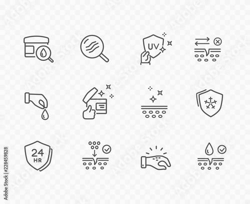 Skin line icon set isolated on background. Care, collagen, cream search sale signs. Vitamin E, olive oil, serum drop elements. Vector outline stroke symbols for medical cosmetic design.