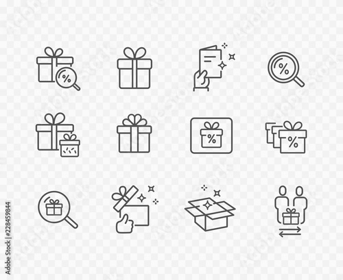 Gift box, present, discount offer line icon set isolated on transparent background. Vector outline stroke symbols for Christmas, New Year surprise design